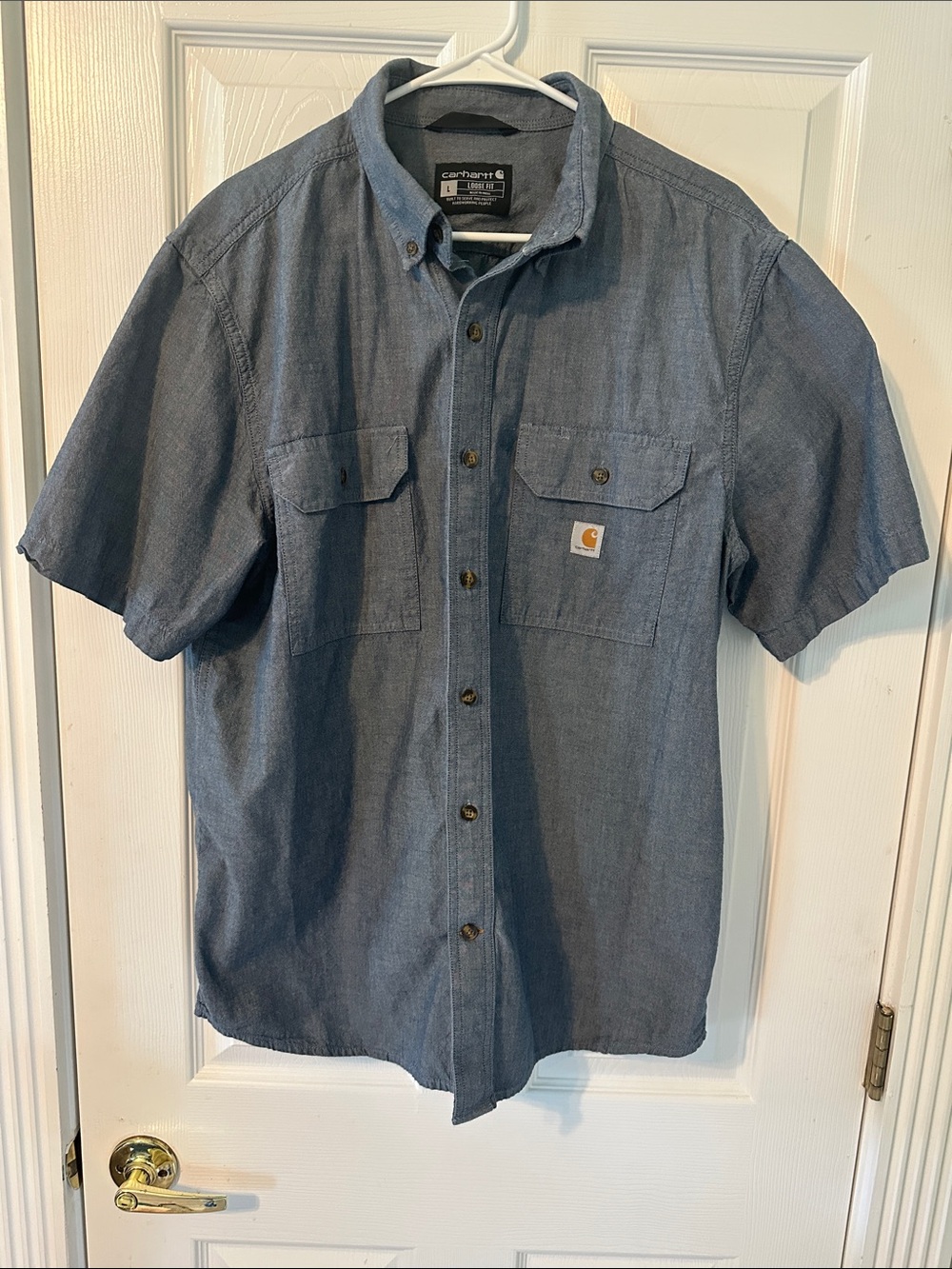 Carhartt Men’s Short-Sleeve Button-Down Shirt in Chambray Blue (L)